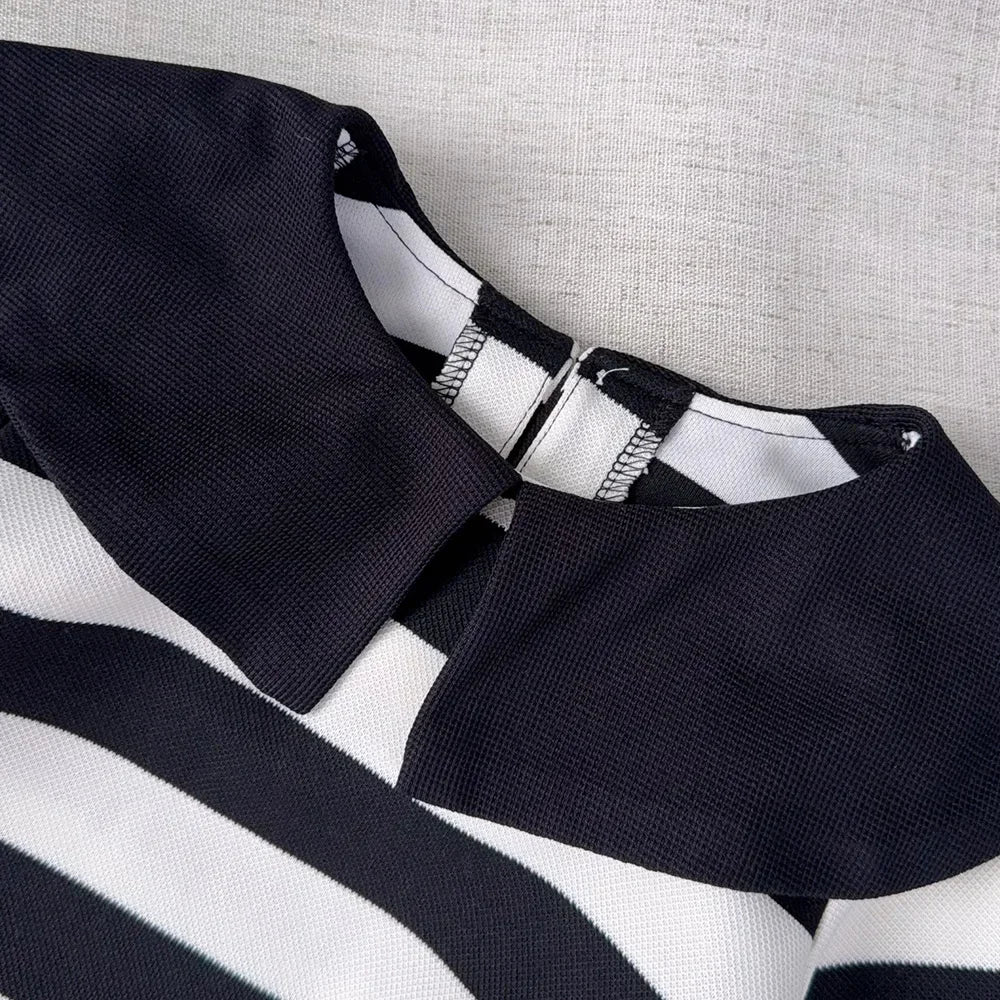 Black and White Fashion Korean Version Autumn New Girls' Casual Clothes Lapel Striped Long Sleeved Dress for Children Aged 3-7