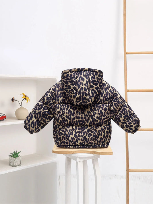 New autumn and winter fleece thickened wool lining cloth leopard print cloth for boys and girls cute baby hooded cotton clothes