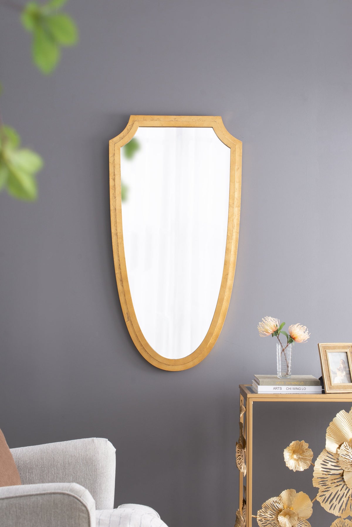 Shield-Shaped Gold Metal Frame Wall Mirror, 24 × 46 in
