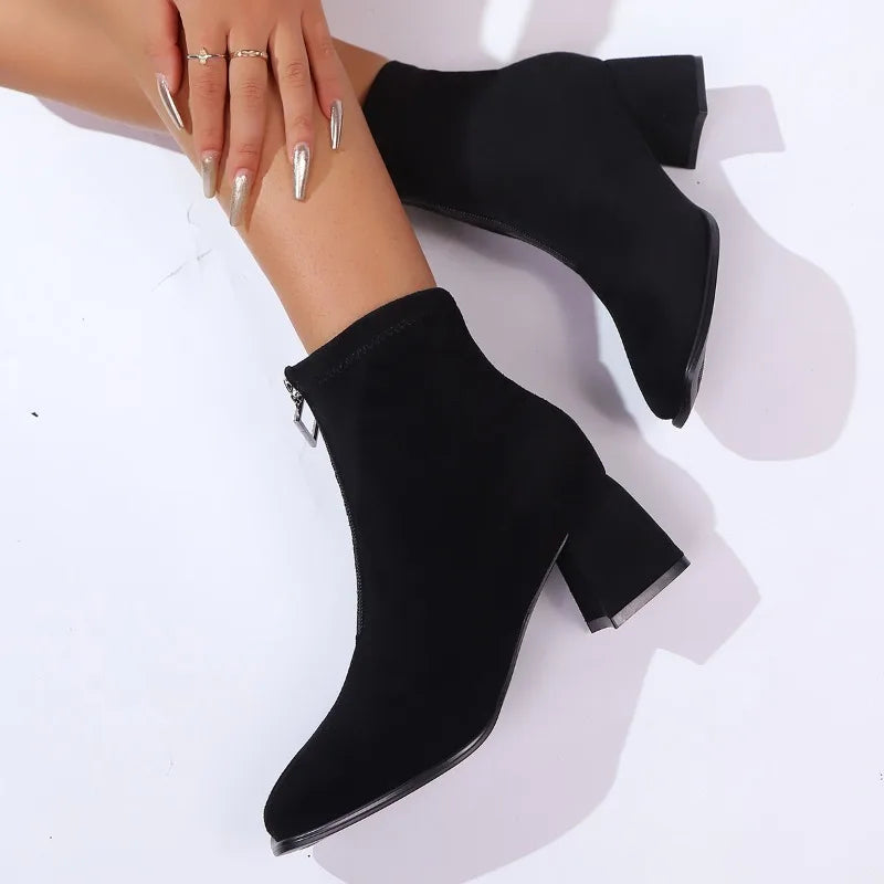 Block Heel Single Boots Women's Fashion Square Toe Suede Front Lace-Up Anti-Slip Wear-Resistant High Heel Shoe