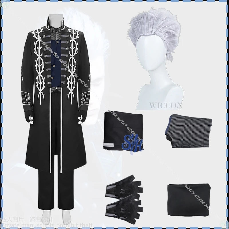 Game DMC5 Cosplay Vergil Anime Costume Demon Cos Cryy Long Black Punk Goth Coat Uniform Pants Jacket Vest Wigs Halloween Party