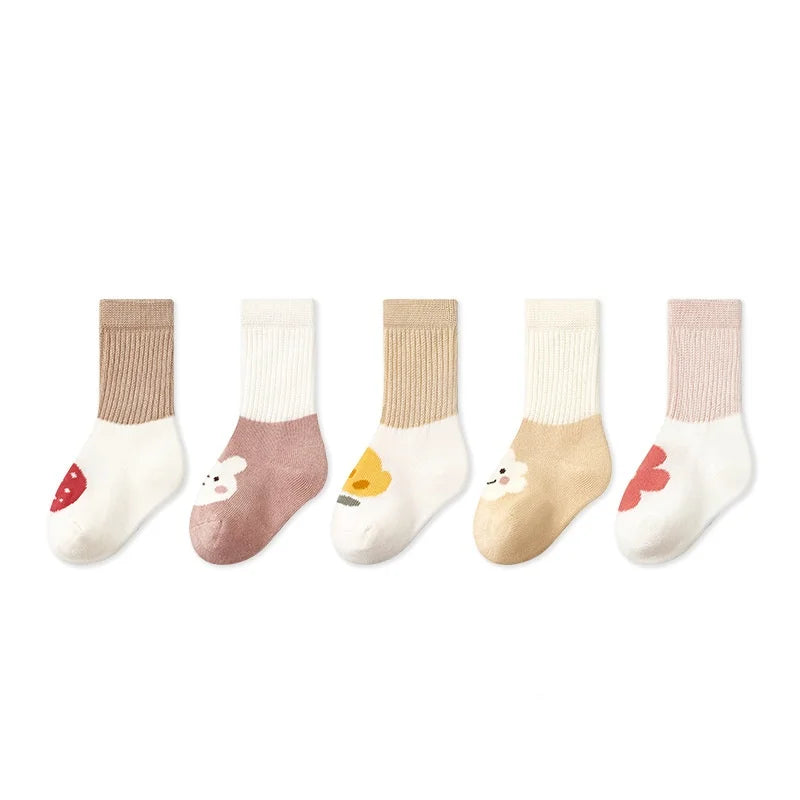 5 Pairs/set Cotton Baby Socks for Newborn Girls Boys Mid Calf Patchwork Cartoon Stockings Kids Cute Clothes Accessories 0-5Years