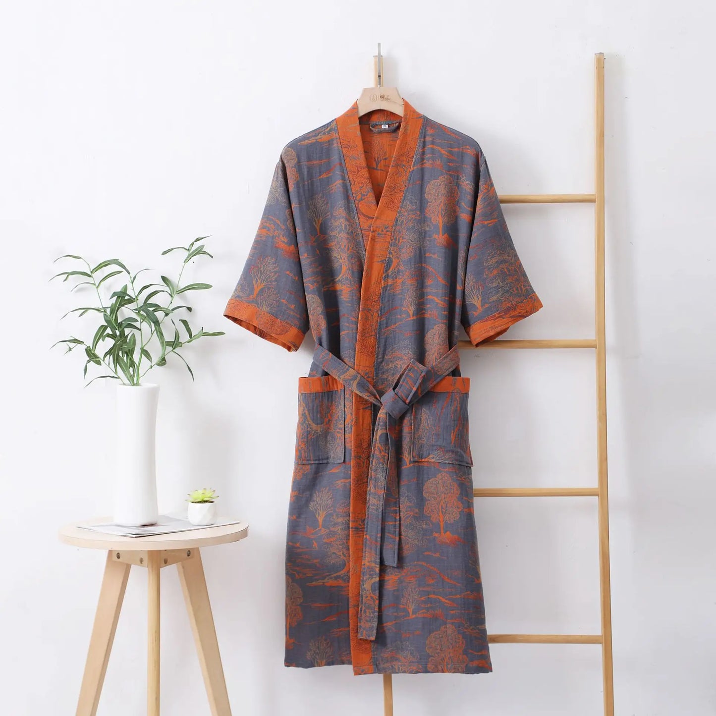 Double Layer Cotton Gauze Long Robe Retro Jacquard Kimono Bathrobe Gown Spring Summer Sleepwear Couple Pijama Loose Lingerie