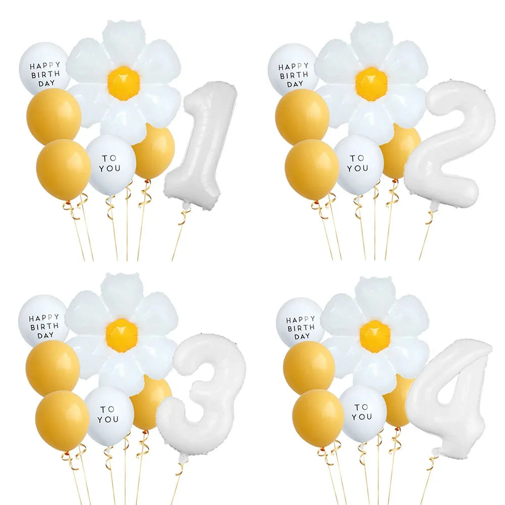 8pcs White Daisy Balloon Set With 32inch 1-9 White Number Ballon For  Daisy Themed Birthday Party Decor Kids Toys Helium Globos
