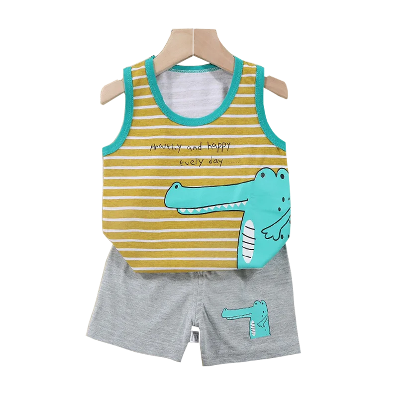 Kids Baby Boys Girls Cotton Breathable Vest+Shorts 2-Piece Set Cartoon Printing Summer Tracksuit Casual Clothes Suit 1-6 Years