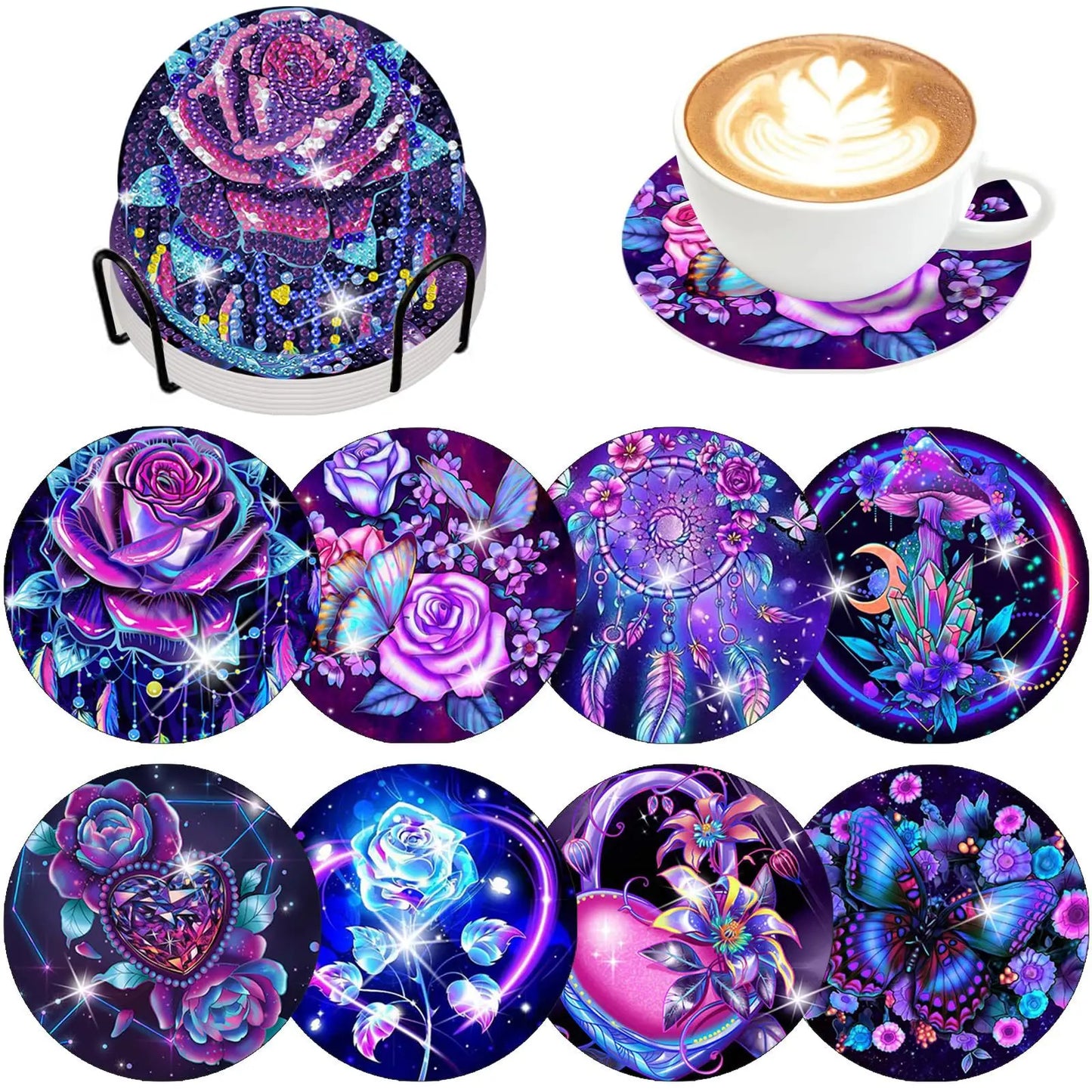 8pcs/Set DIY Diamond Painting Coasters with Holder Anti Slip Wood Drip Mats Crystal Rhinestones Diamond Art Coasters for Adults