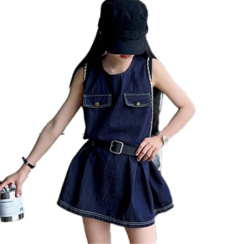 Stylish Kids Fashion Denim Bodysuit Dress for Girls Vintage Dark Blue Jeans Skirt With Belt Child Trendy Streetwear Outfit 5-14Y