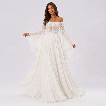 ABCDRESS Customized Elegant Lace Applique Bridal Gown Chiffon A-Line Wedding Dresses Sheer Long Bell Sleeves Lady Dress
