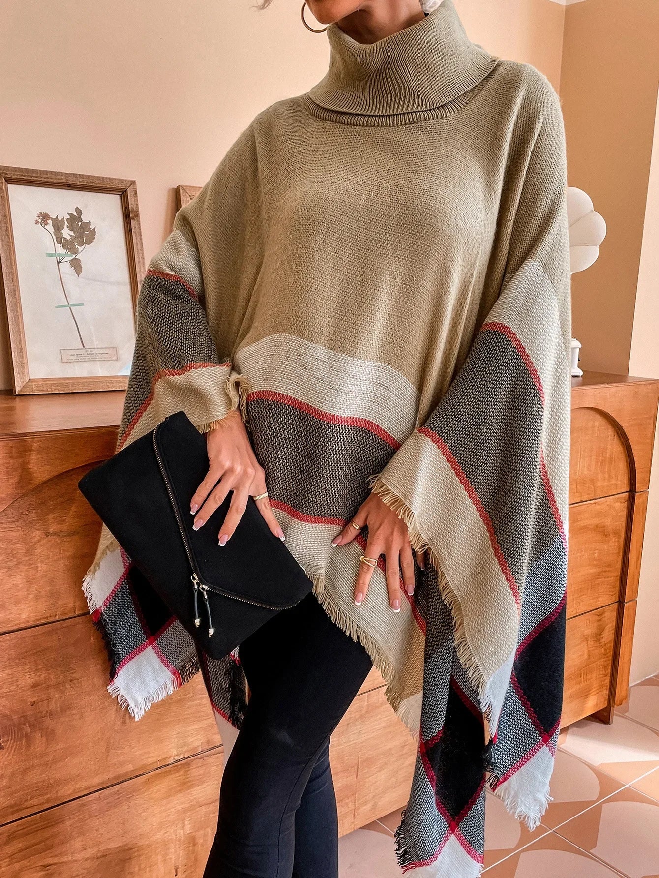 New Women Autumn Winter Striped Knitted Poncho Shawl Sweater Overcoat Streetwear Thick Warm High Neck Loose Knitwear Long Coat
