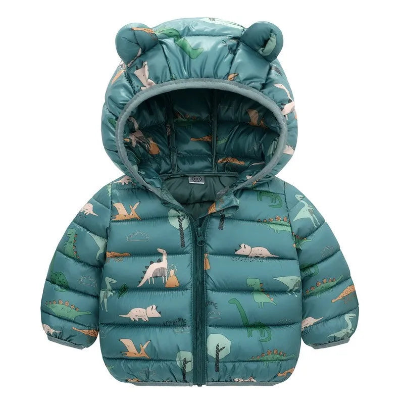Children Boys Baby Hooded Lightweight Down Jackets Warm Outerwear Autumn Kids Girls Coats Cartoon Dinosaur Print Casual Clothing