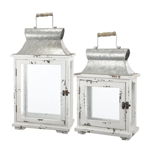 Set of 2 White Wood & Metal Hurricane Candle Lanterns
