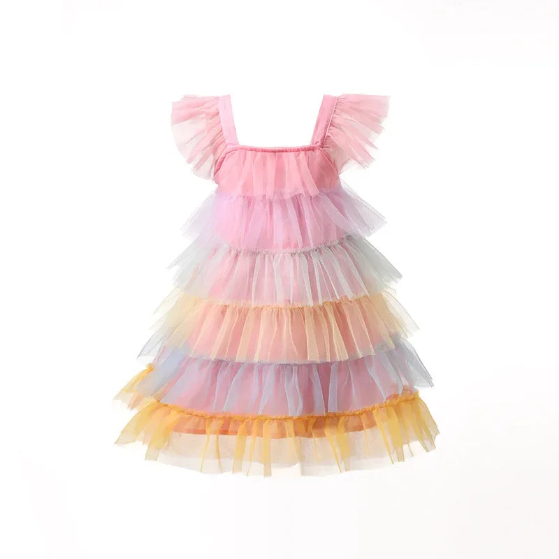 Girls' Dress 2025 Summer Fashion Children's Clothes Princess Rainbow Pink Cake multi-layer Gauze Baby Girl Birthday Party Dress