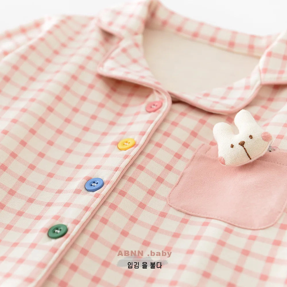 2025 Autumn Baby Sleepwear Set 0-3T Cute Plaid Lapel Doll Cardigan and Pants 2Pcs Baby Boys Girls Pajamas Sets Kids Home Wear