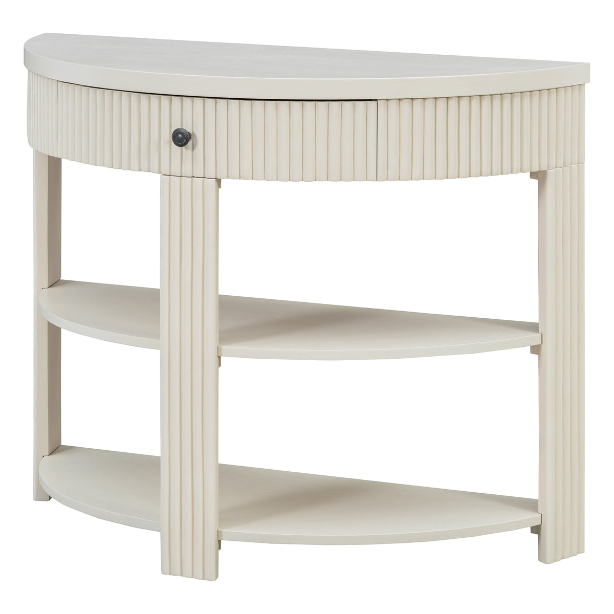 Fluted Half Moon Console Table with Drawer and 2 Shelves for Entryway,