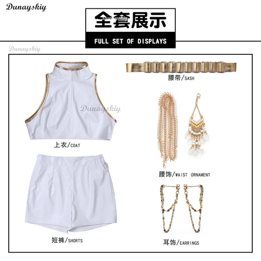Rumi Cosplay KPop Demons Hunter White Costume Wig Women Girls Cartoon Fantasia Vest Shorts Chain Belt Outfits Halloween Carnival