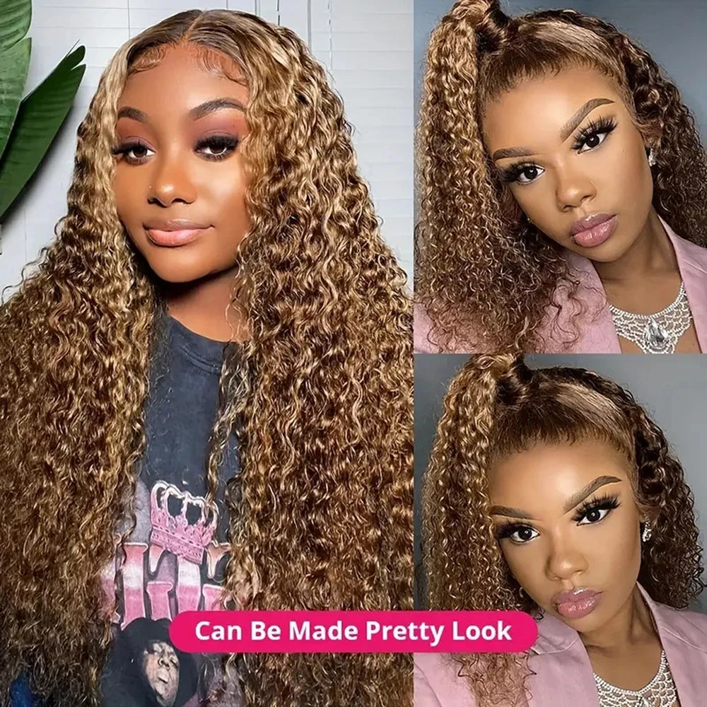 Piano Color P4/27 Highlight Curly Wave Bundles Chocolate Brown and Honey Blonde Track Mix Deep Weave Brazilian Human Hair Bundle