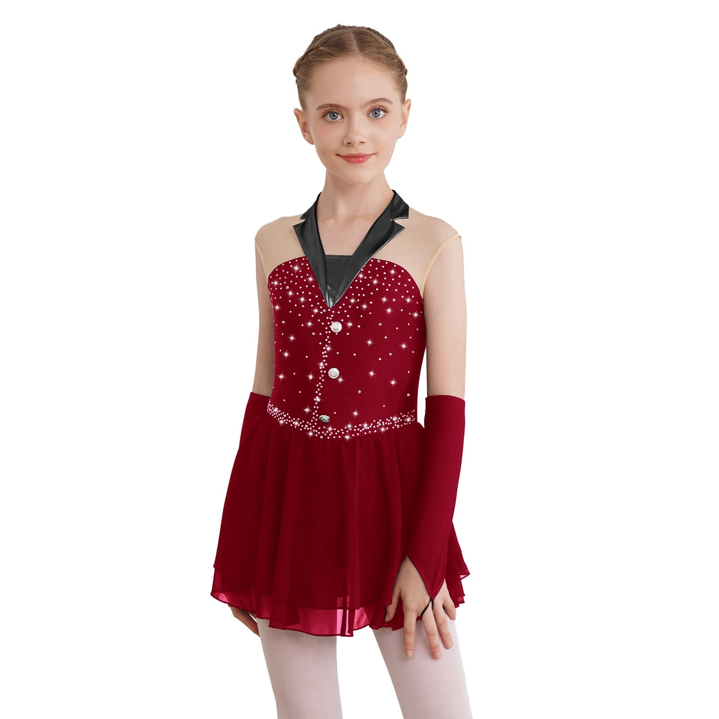 Kids Girls Shiny Ballet Skating Tuxedos Leotard Dress with Gloves Children Lyrical Dance Costumes Latin Cha-cha Stage Dancewear