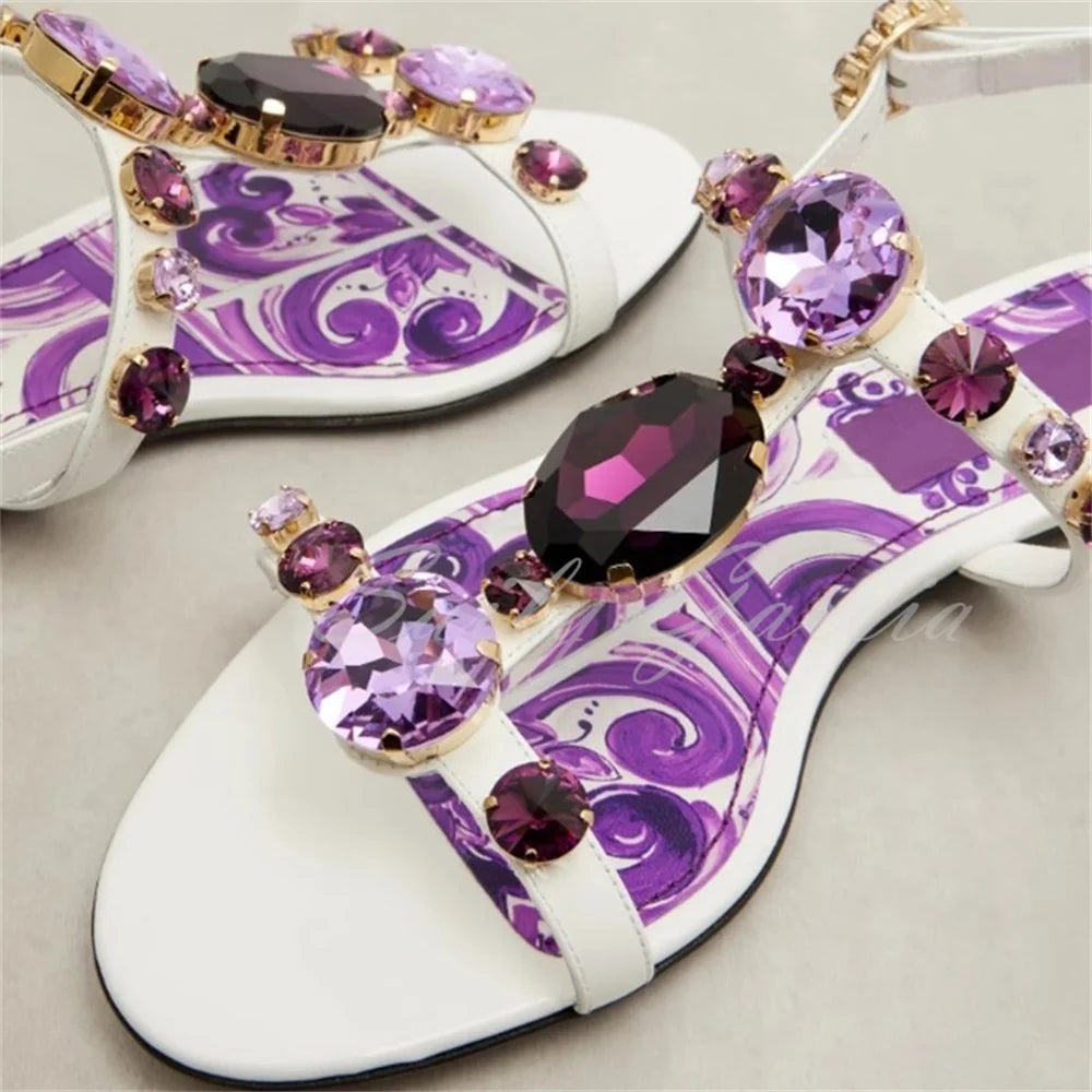 Luxury Diamond Crystal Decor Modern Sandals Women Open Toe Purple and White Chunky Heel Ankle Strap Summer New Dress Shoes