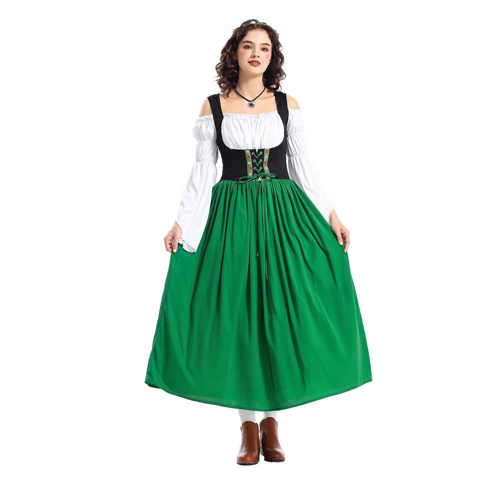 Vintage Halloween Women Maid Outfit Long Sleeve Cold Shoulder Patchwork Long Dress with Hair Scarf Cosplay Costume