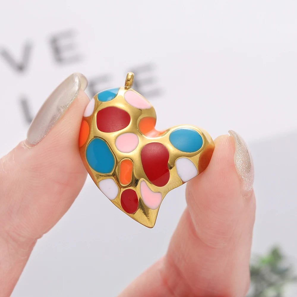 2Pcs/Lot Stainless Steel Pendant Base Heart Vintage Enamel Colourful for DIY Necklace Earring Bracelet Jewelry Making Supplies