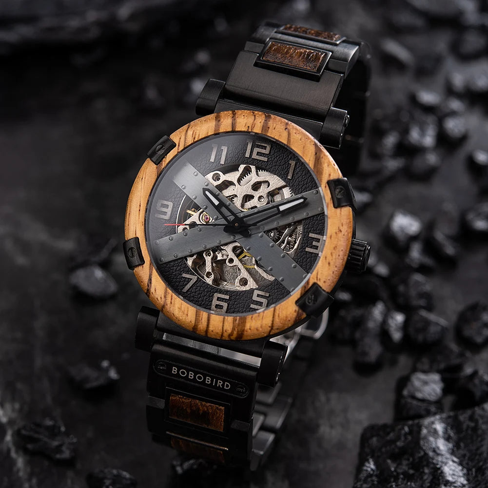 Men Watch BOBO BIRD Wooden Automatic Mechanical Watch Metal Wristwatch Top Fashion Business Clock Custom Gift Box reloj hombre