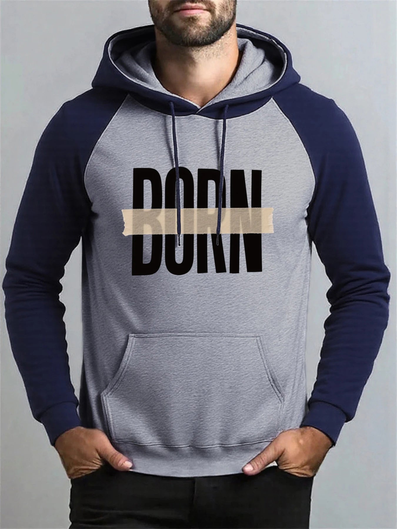 Born Adhesive Tape Prints Men Raglan Hoodies All-Match Hoody Fleece Casual Clothes Street Hip Hop Pullover Autumn Fashion Coat