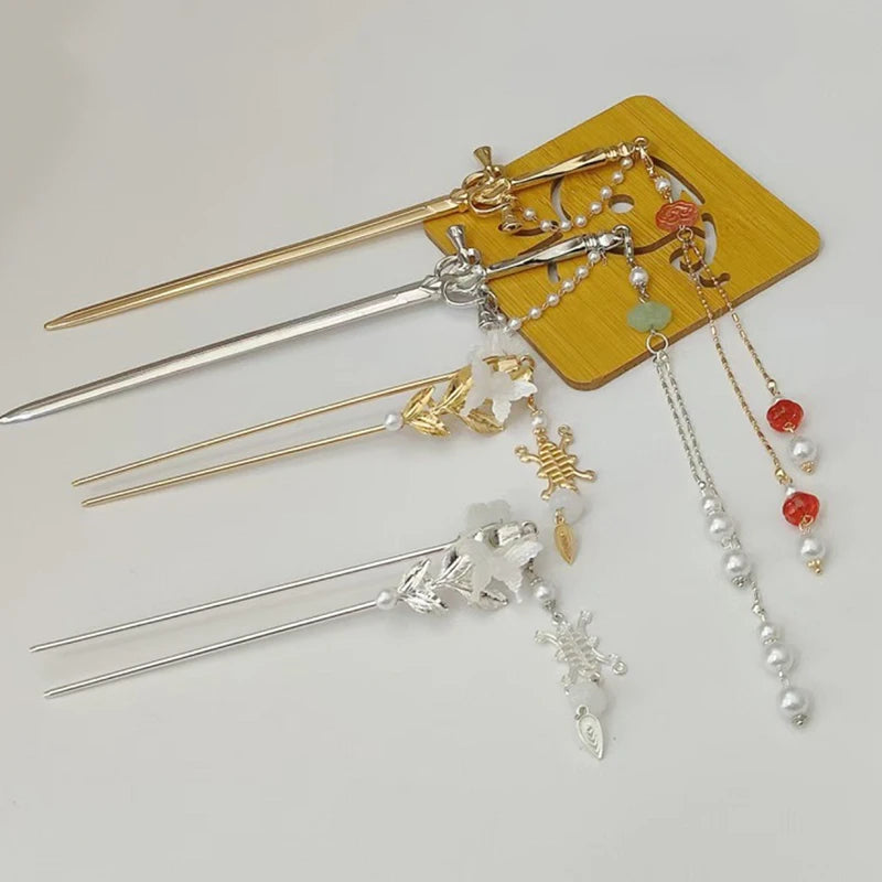 2025 New Chinese Style Sword Hair Sticks for Women Tassel Beads Chignon Pin Pearl Metal Leaves Hairpin Headdress Hair Accessorie