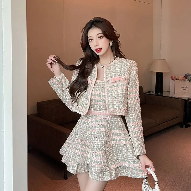 Sweet Girl Fashion Two Piece Sets Autumn New Small Fragrant Style Pink Tweed Short Coat+Suspender Dress Elegant Set