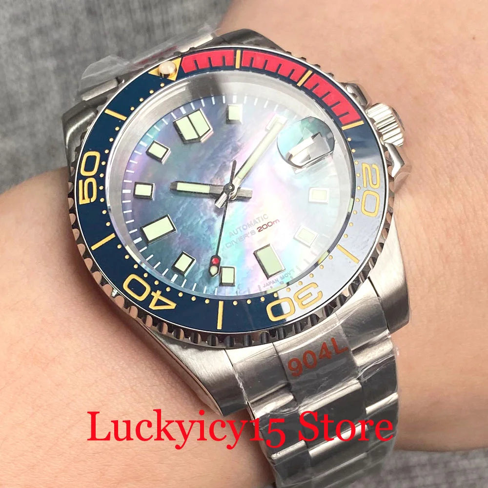 Customized NH35A Automatic Mechanical Watch Men Black Mother of Pearl Dial Luminous 200mWaterproof 40MM Brushed Case Date Cyclop