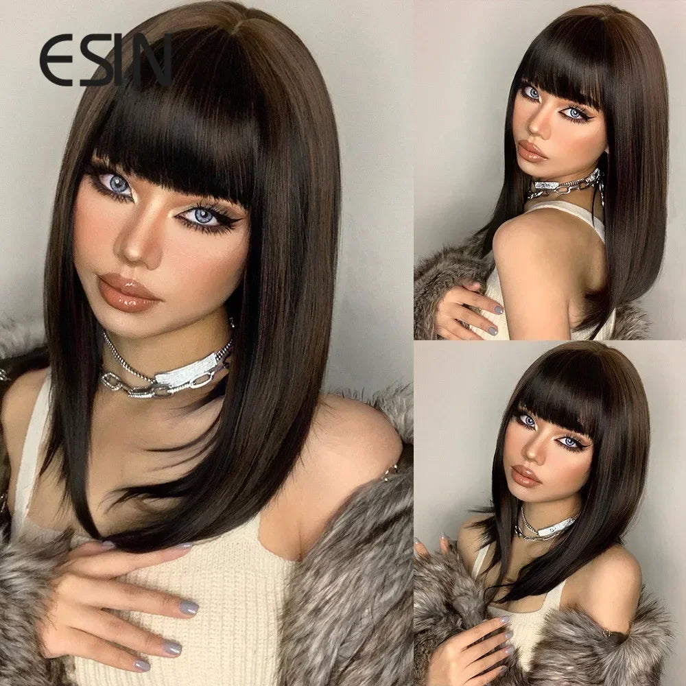 ESIN Synthetic Dark Brown Wig Long Wave Wigs for Women Hair Wig With Bangs Heat Resistant Party Daily Natural Use