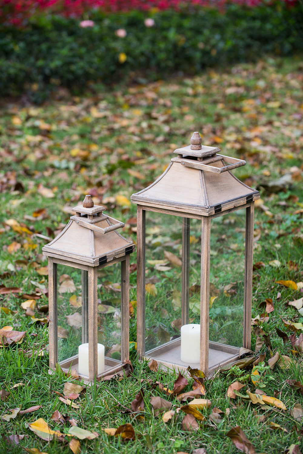 Set of 2 Ivory Wood & Glass Candle Lanterns