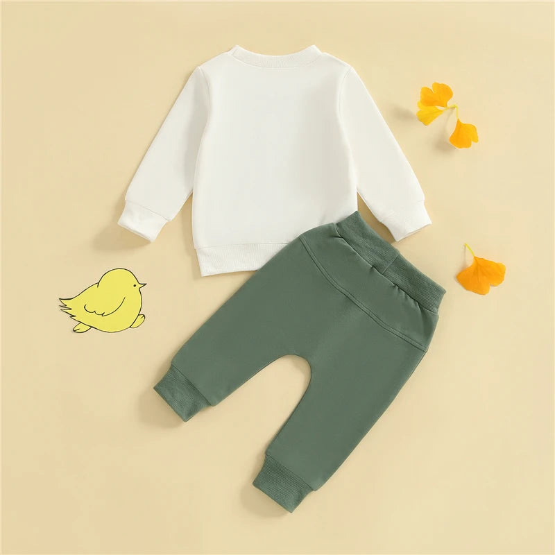 Toddler Baby Boys Fall Clothes Set Kid and Chicken Print Long Sleeve Pullover Sweatshirt Bow Pants 2 Pcs Outfits