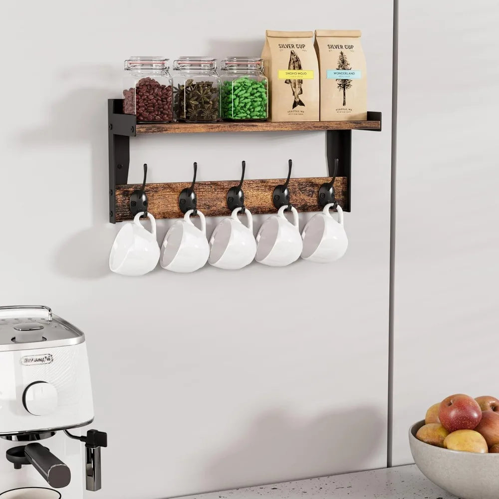 wall hooks with shelf, wood coat rack with shelf wall-mounted, entryway hanging shelves with 5 metal hooks for clothes hats towe