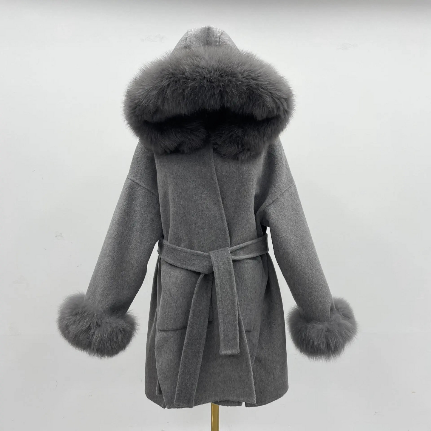 Oversized Fur Collar Hooded Double-Sided Wool Coat – Luxurious Warmth