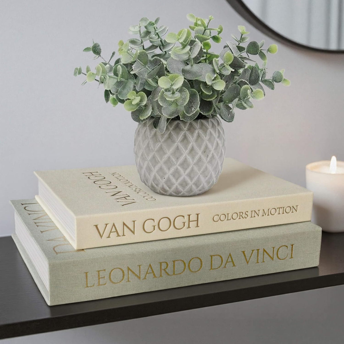 Decorative Storage Books Set of 2, Linen Cover, White & Green
