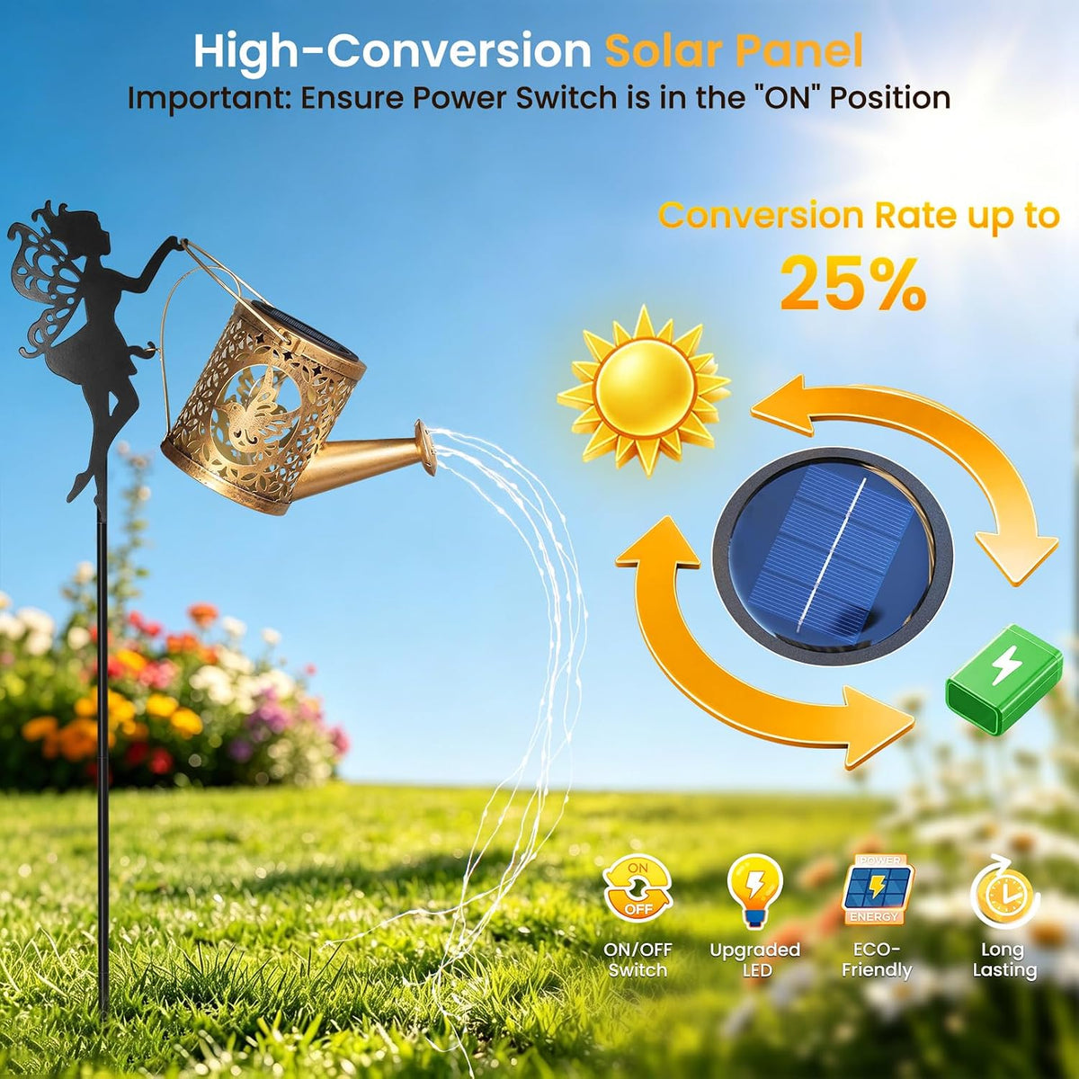 Large Solar Watering Can Lights with Flowing Warm White LEDs