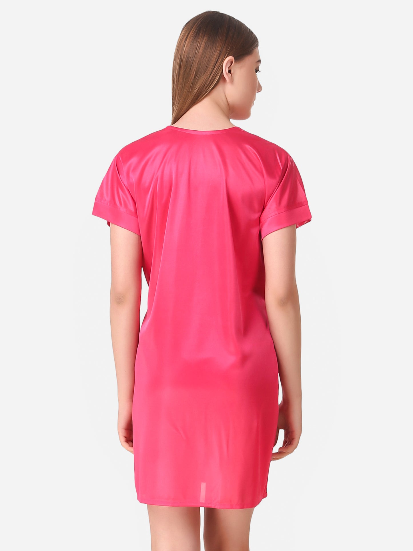 Romaisa Women's Satin Solid Pink Robe with Lingerie Set