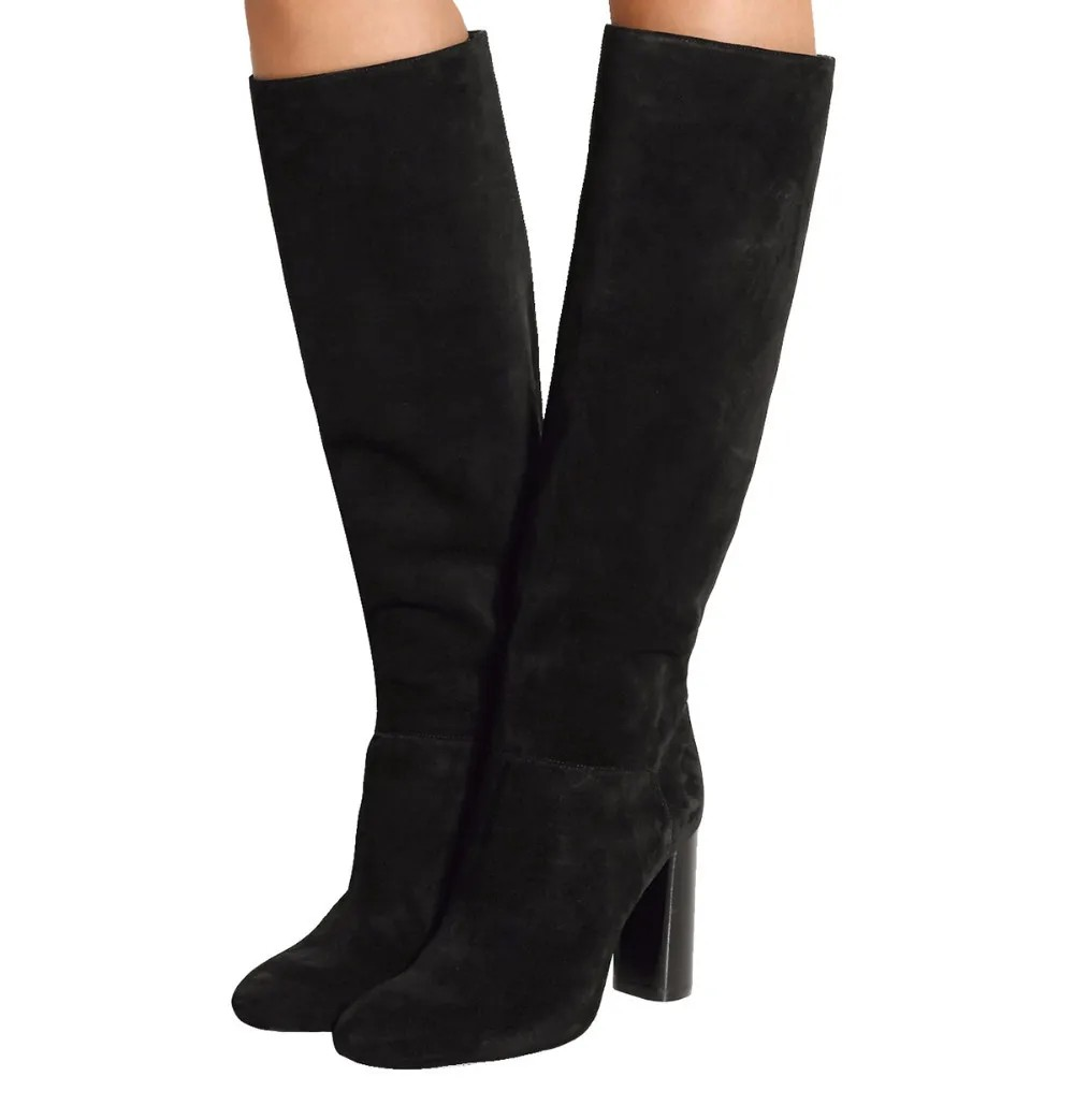 Black Suede Chunky Heel Boots – (MYSTOCK)