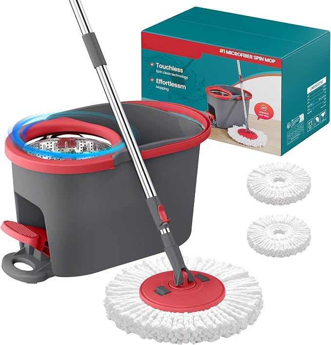 Spin Mop and Bucket Set with 2 Microfiber Pads Dark Gray Red