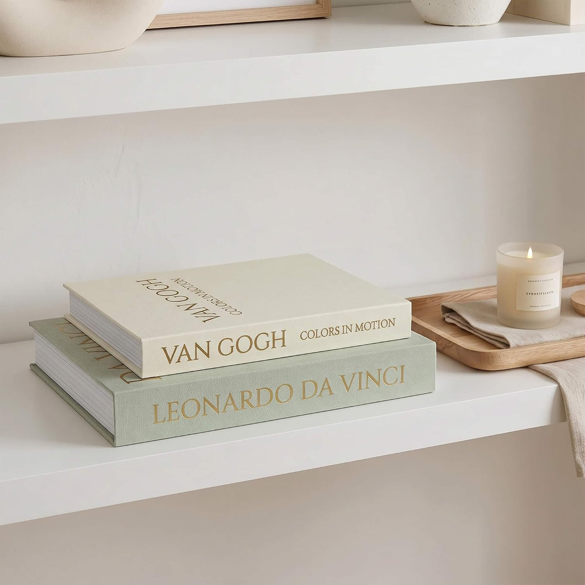 Decorative Storage Books Set of 2, Linen Cover, White & Green