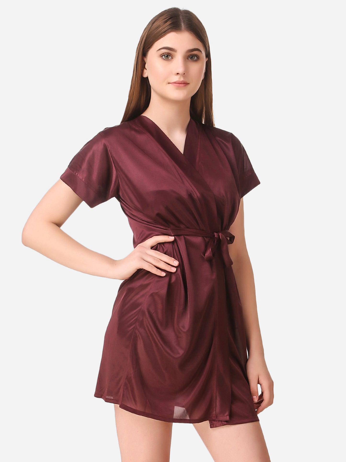 Romaisa Women's Satin Solid Brown Robe with Lingerie Set