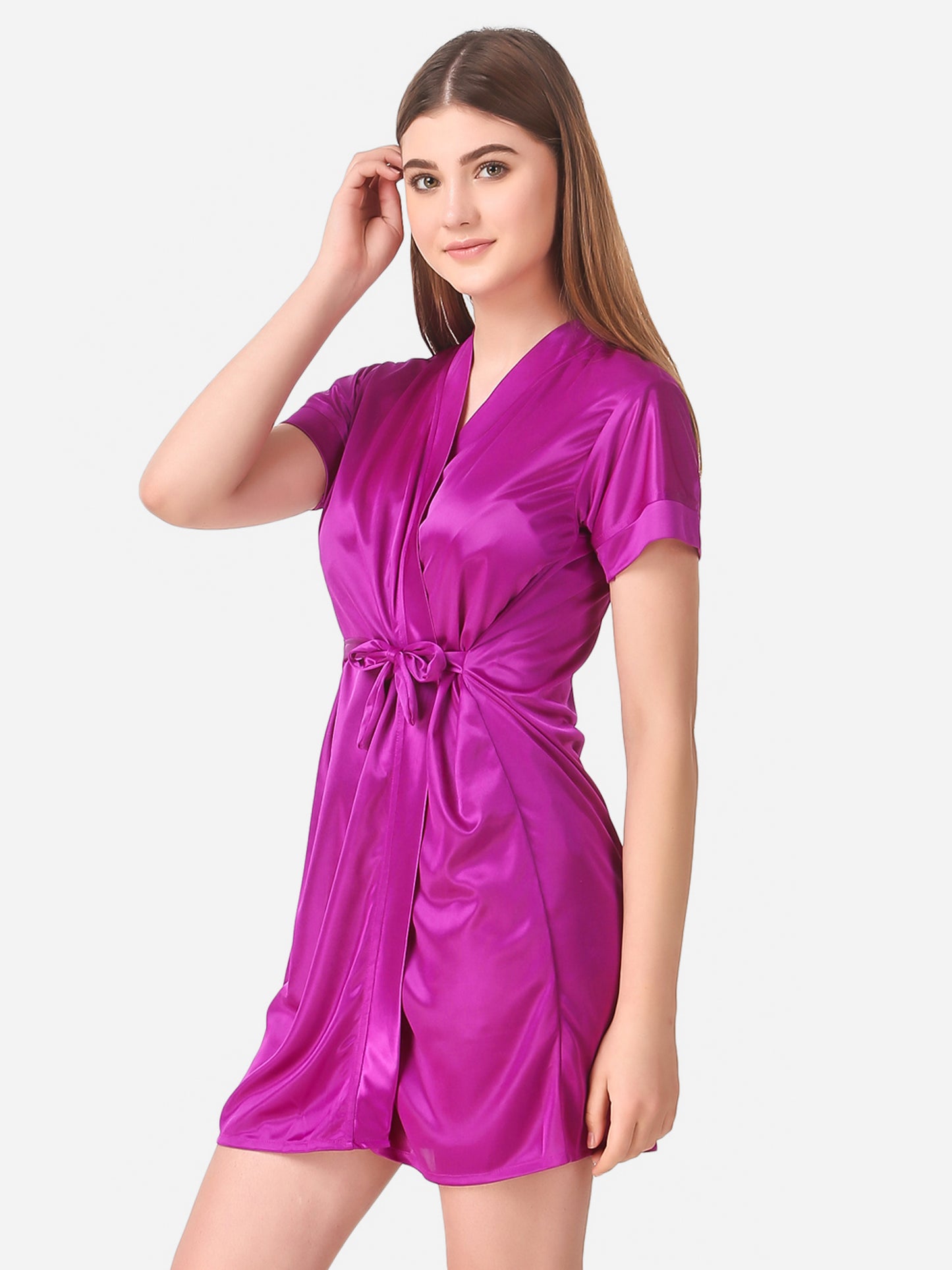 Romaisa Women's Satin Solid Magenta Robe with Lingerie Set