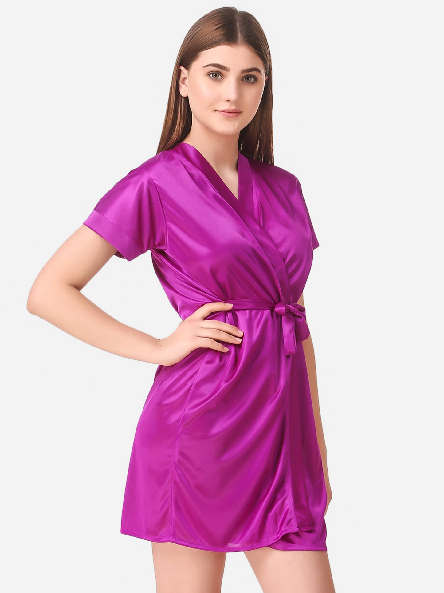 Romaisa Women's Satin Solid Magenta Robe with Lingerie Set