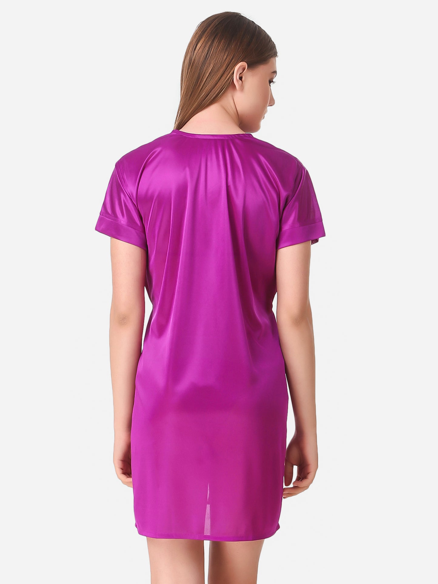 Romaisa Women's Satin Solid Magenta Robe with Lingerie Set