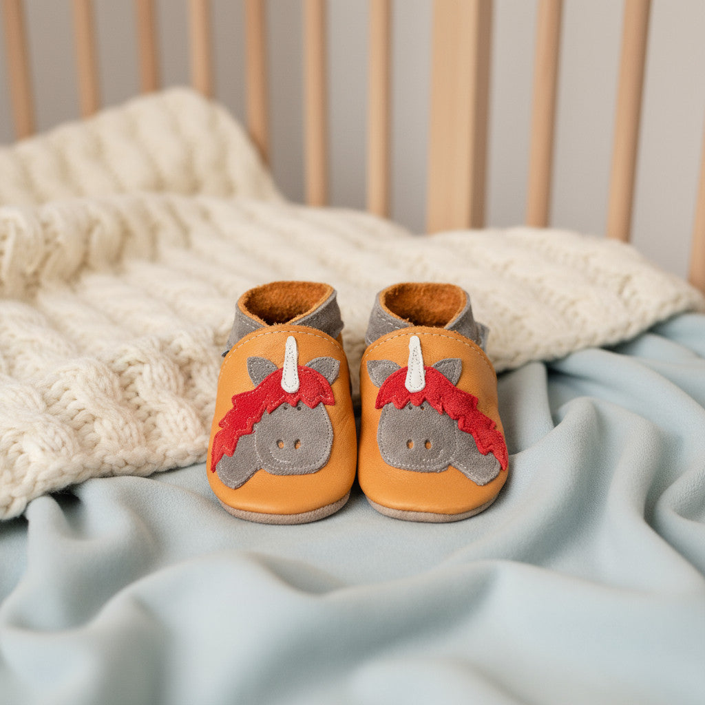 Leather Baby Shoes - Unicorn Tan Leather - Inch Blue