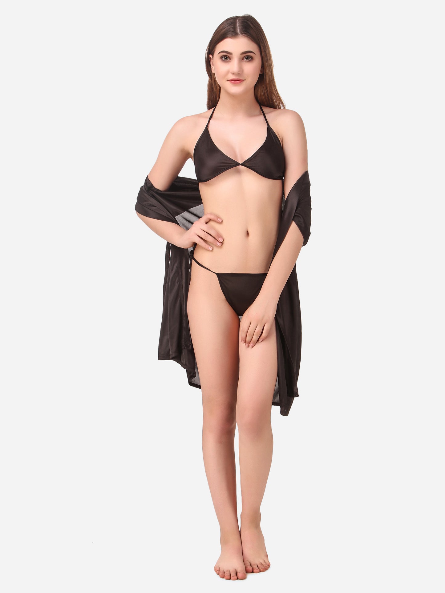 Romaisa Women's Satin Solid Black Robe with Lingerie Set