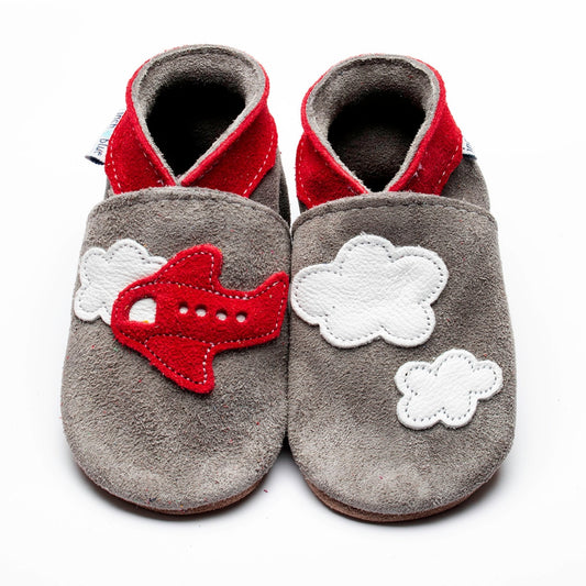 Leather Baby Shoes - Aeroplane Clouds Grey Suede - Inch Blue