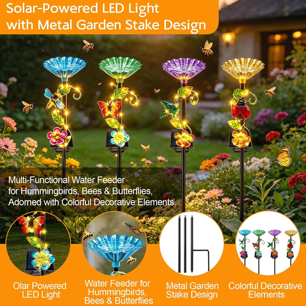 4 Pack Solar Garden Watering Station Lights for Birds & Pollinators