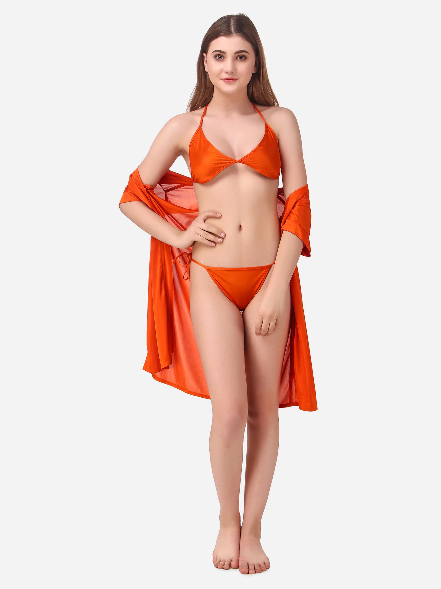Romaisa Women's Satin Solid Orange Robe with Lingerie Set