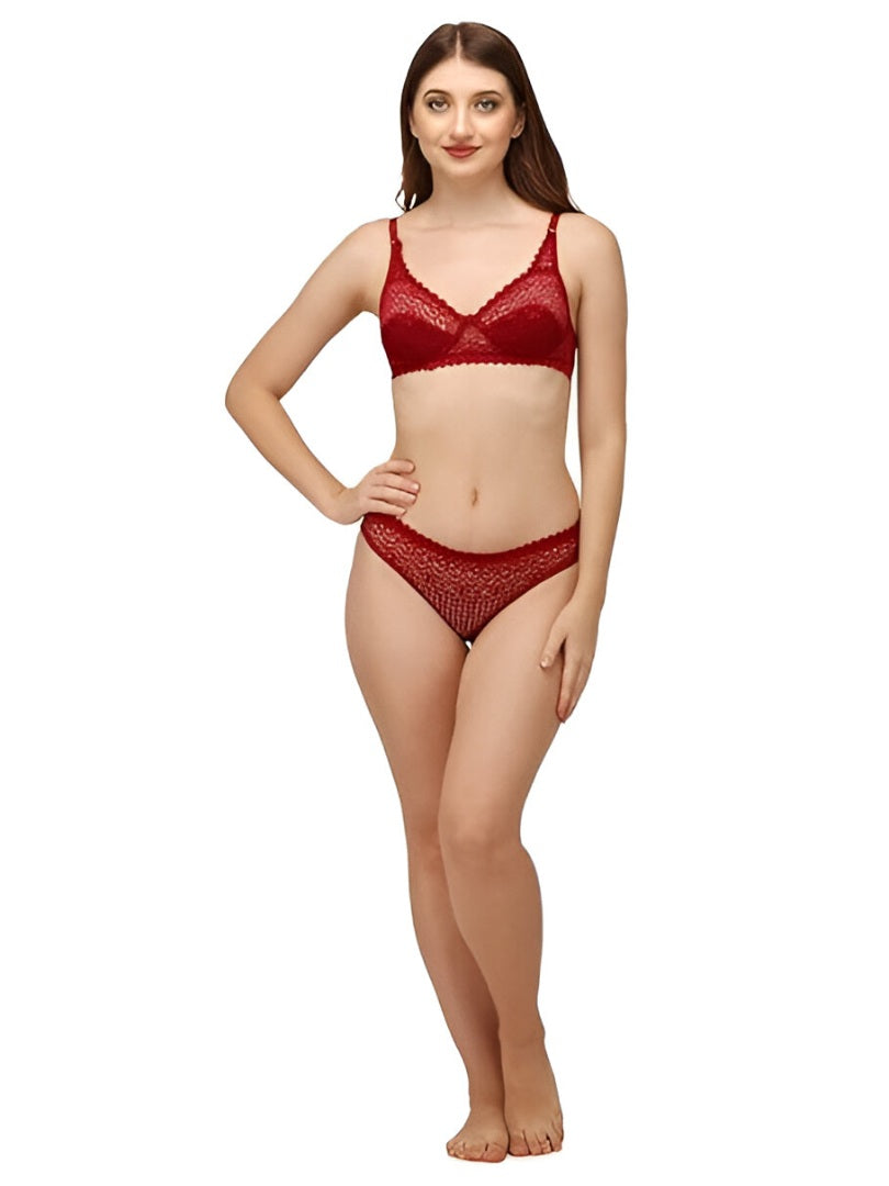 Women' s Dark  Red Bra and Panty Set Soft Net  Lingerie